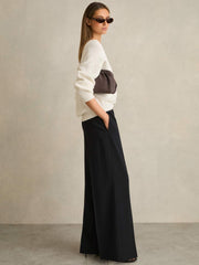 Petite Wide-Leg Elasticated-Waist Trousers Navy | Women