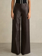 Petite Leather Wide Leg Trousers Chocolate | Women
