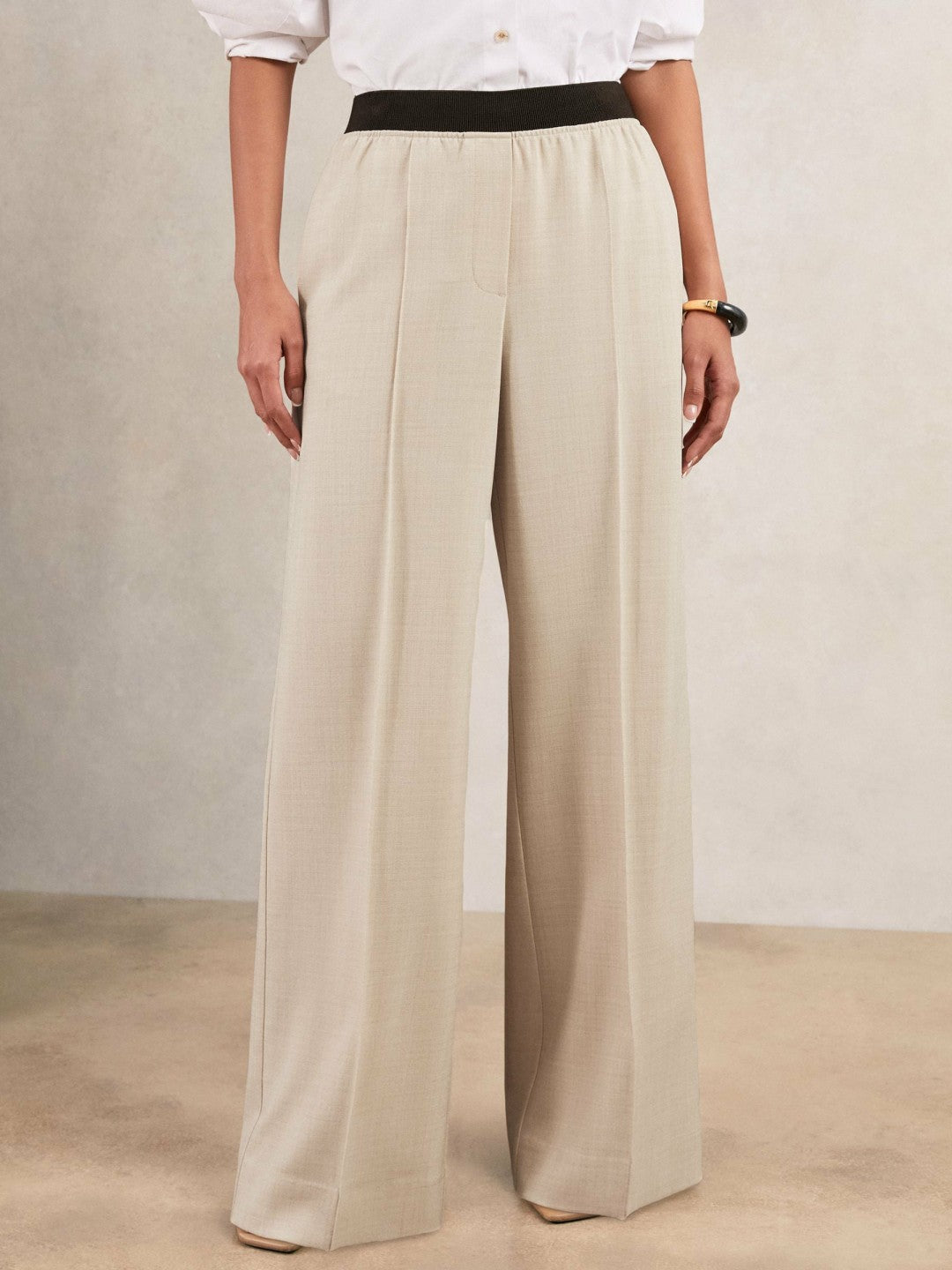 Petite Wide-Leg Elasticated-Waist Trousers Neutral | Women