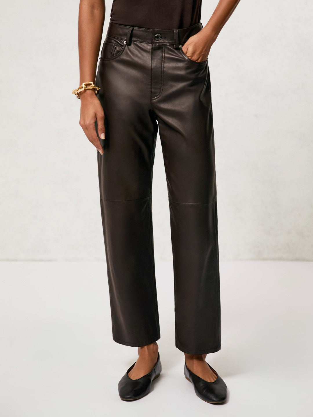 Petite Leather Slim-Leg Trousers Chocolate | Women