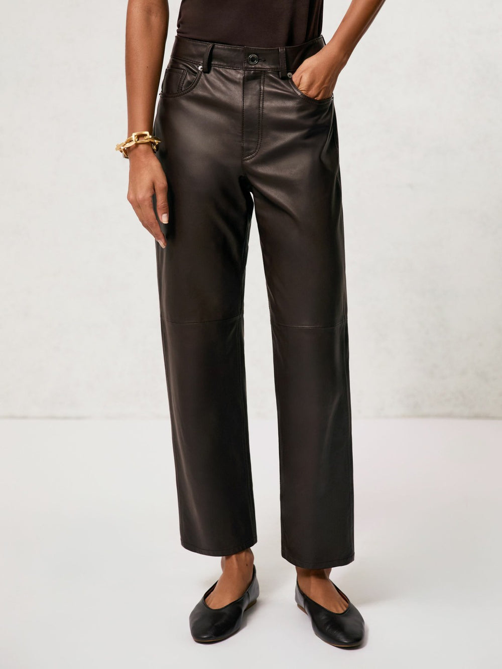 Petite Leather Slim-Leg Trousers Chocolate | Women
