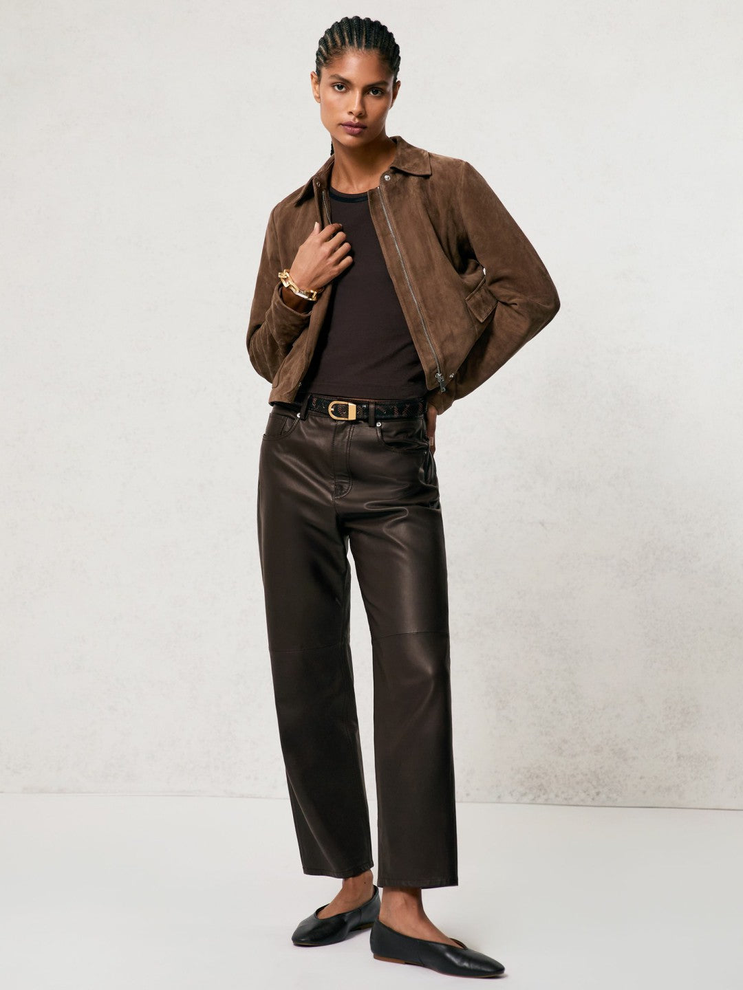 Petite Leather Slim-Leg Trousers Chocolate | Women