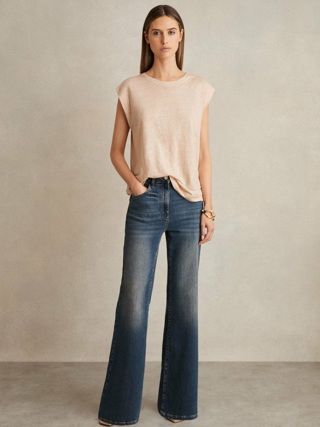 Linen Cap-Sleeve T-Shirt Peach | Women