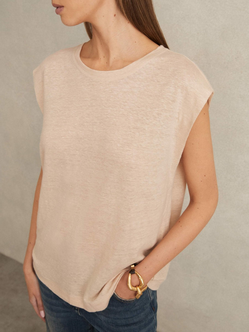 Linen Cap-Sleeve T-Shirt Peach | Women