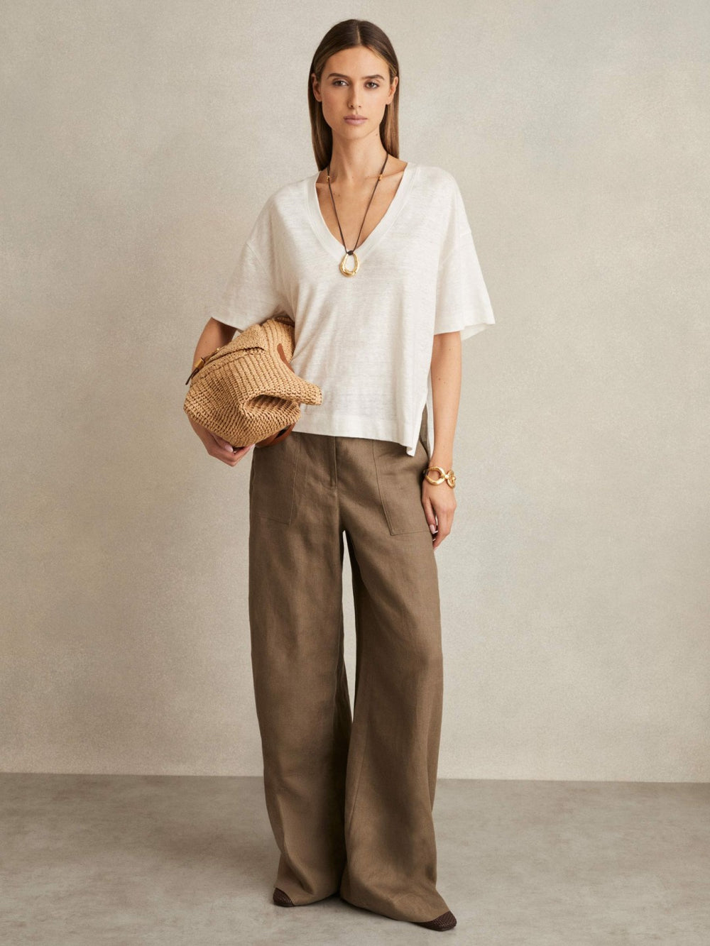 Linen V-Neck T-Shirt White | Women