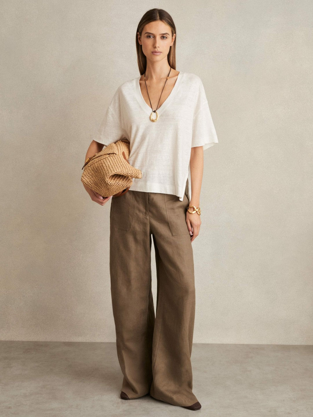 Linen V-Neck T-Shirt White | Women