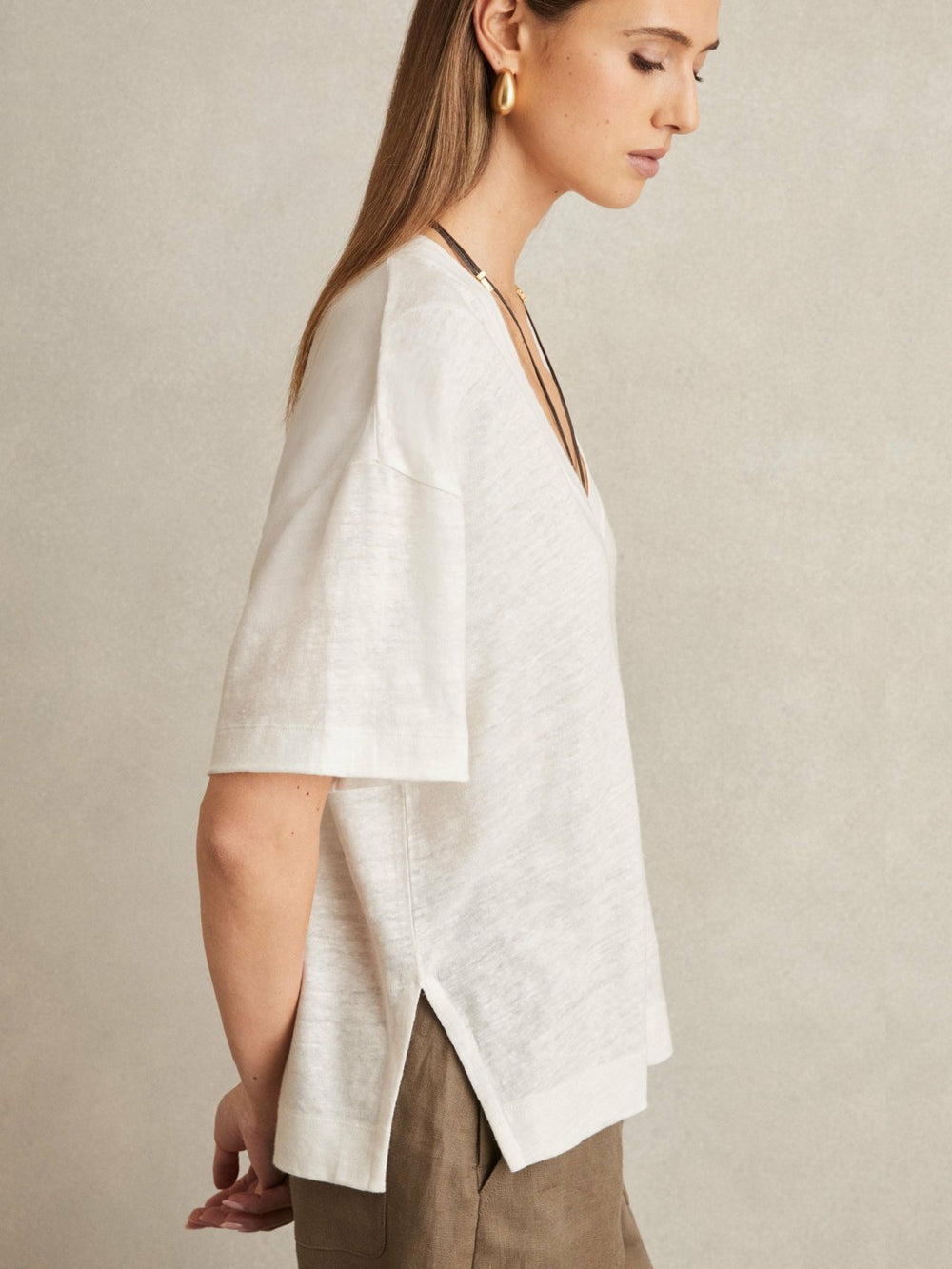 Linen V-Neck T-Shirt White | Women