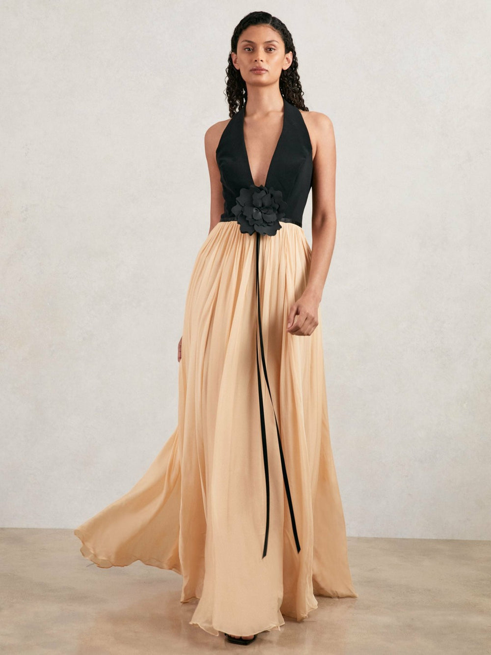 Halston Crepe and Chiffon Maxi Dress Black/Ivory | Women