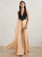 Halston Crepe and Chiffon Maxi Dress Black/Ivory | Women