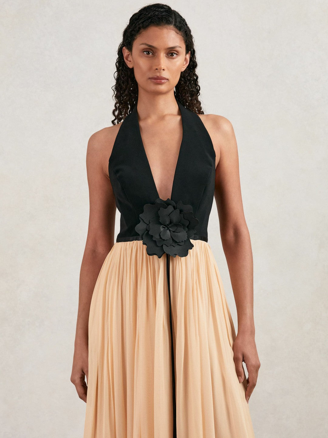 Halston Crepe and Chiffon Maxi Dress Black/Ivory | Women