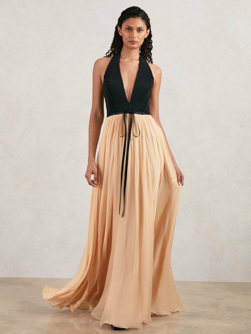 Halston Crepe and Chiffon Maxi Dress Black/Ivory | Women