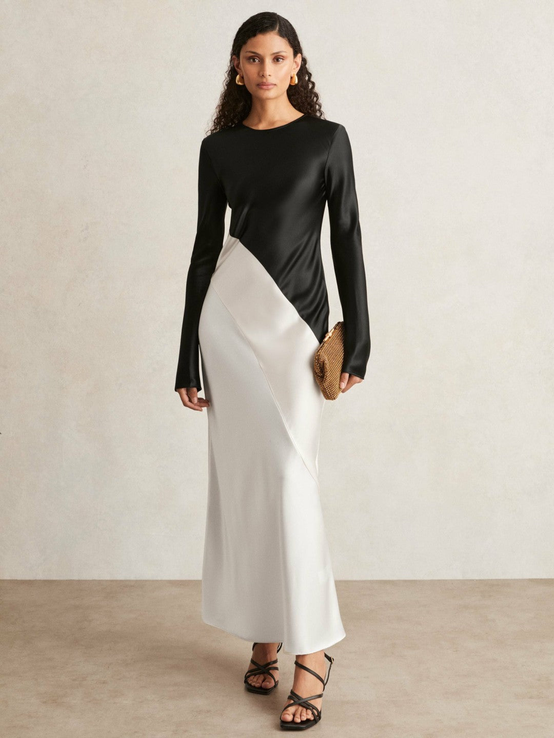 Acler Satin Colour Block Midi Dress Ivory/Black | Women