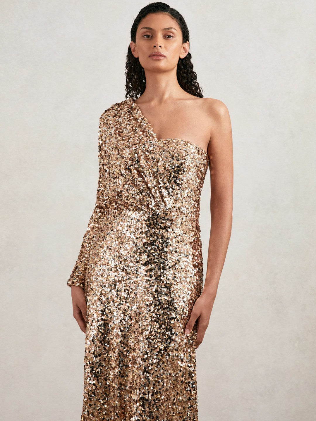 Halston Sequin One Shoulder Maxi Dress Gold | Women