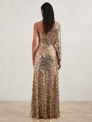 Halston Sequin One Shoulder Maxi Dress Gold | Women