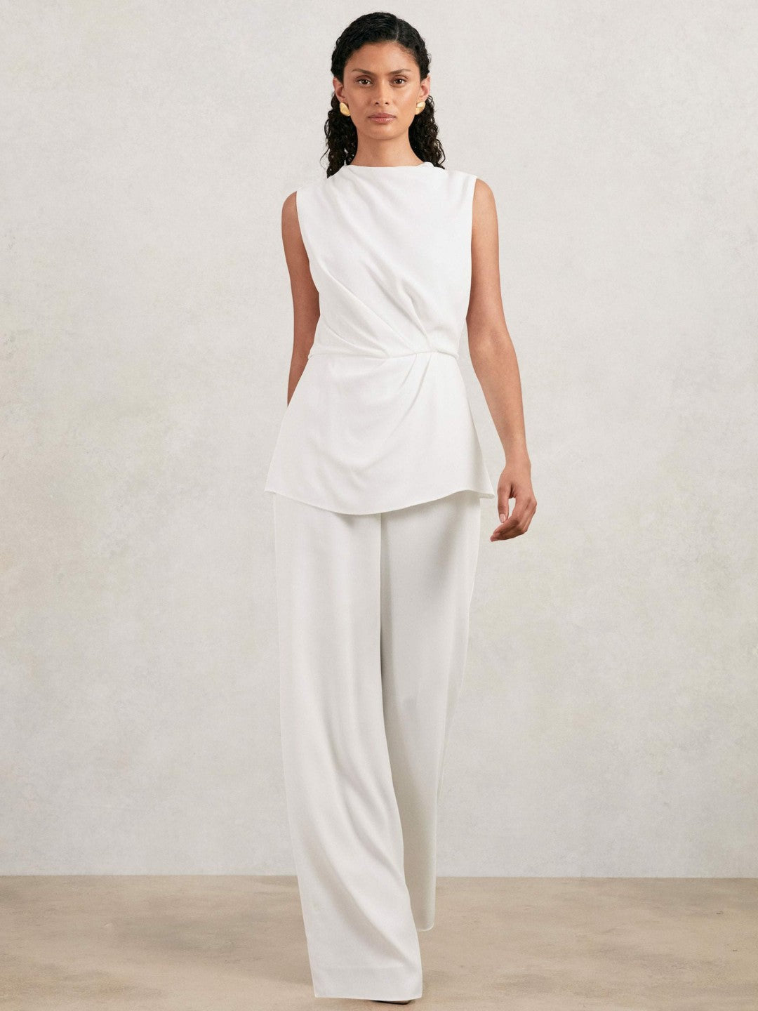 Halston Crepe Wide Leg Jumpsuit Ivory | Women