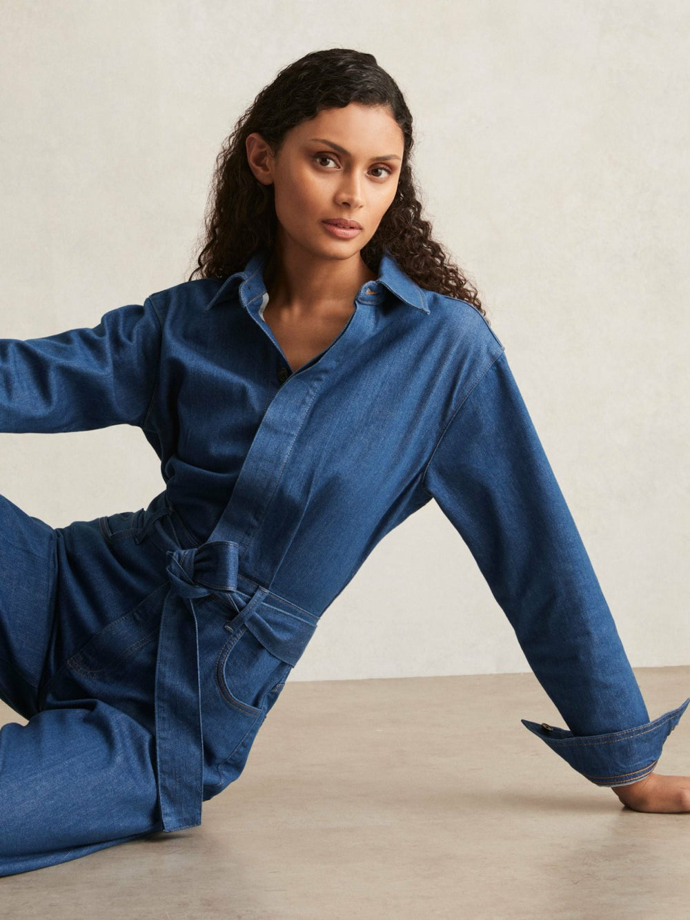 Paige Maraya Blue Wide Leg Belted Denim Jumpsuit Maraya Blue | Women