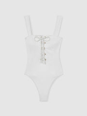 Ribbed Lace-Up Swimsuit White | Women