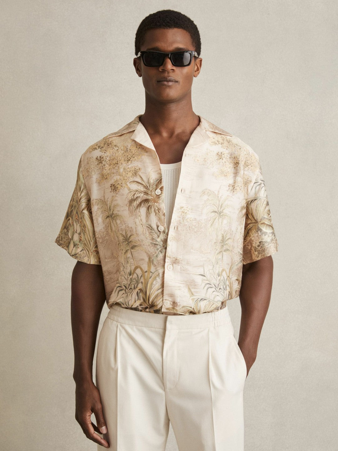Jungle Print Cuban-Collar Shirt Soft Sage Green | Men