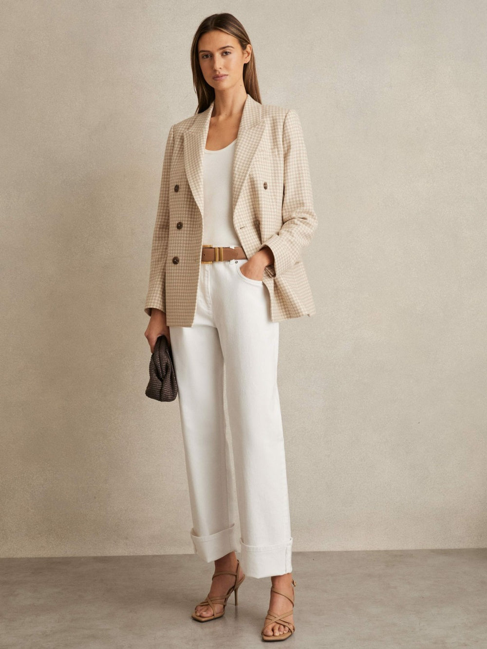 Petite Double Breasted Check Blazer With Wool Neutral Check | Women