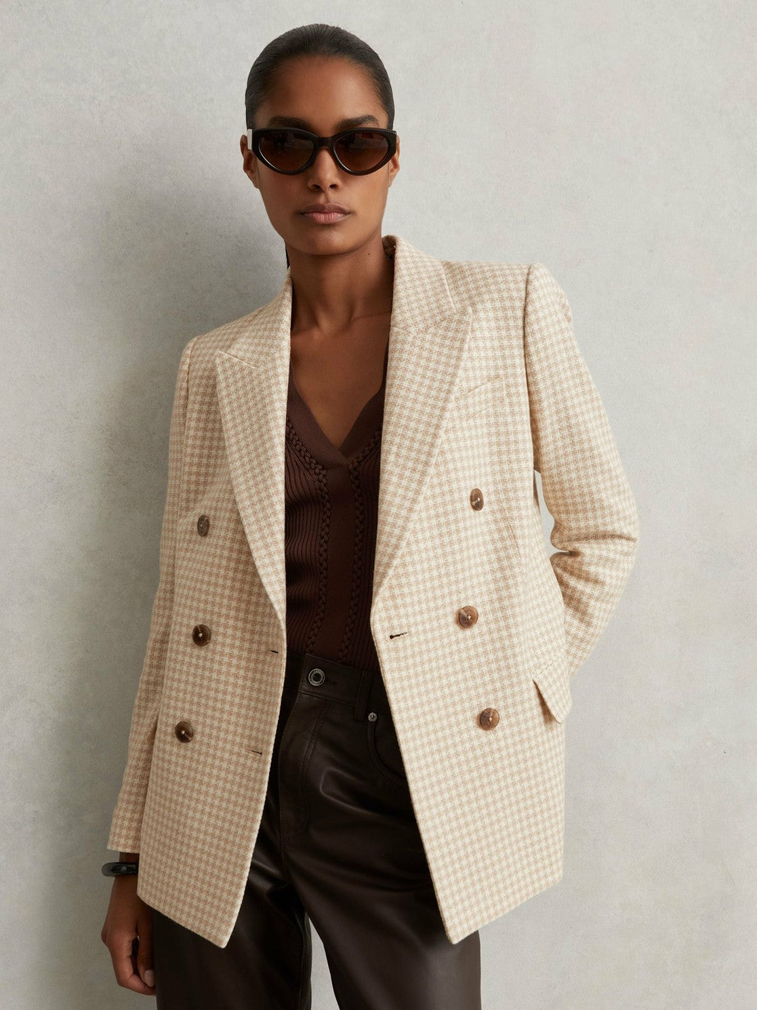 Double Breasted Check Blazer With Wool Neutral Check | Women