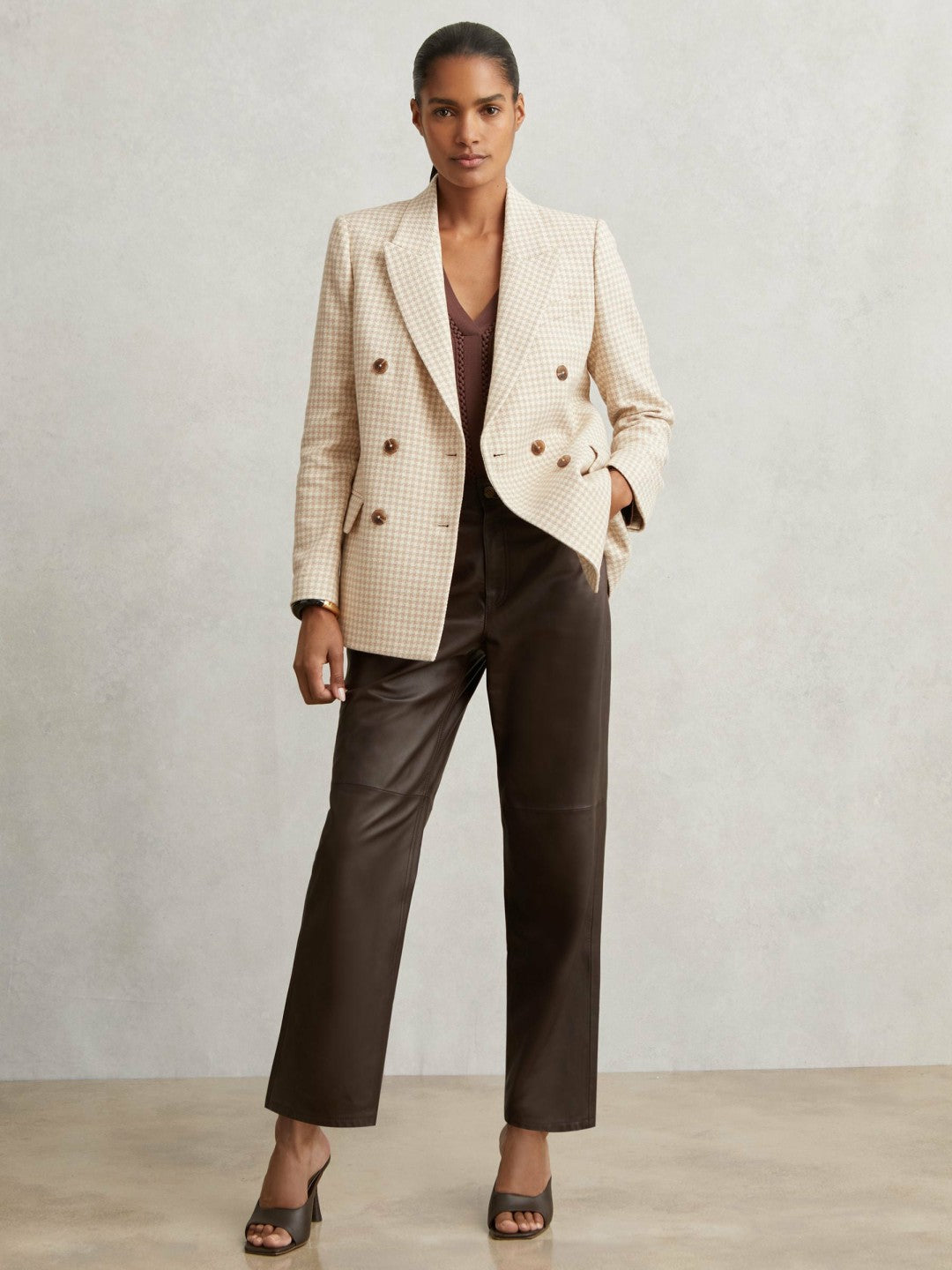Double Breasted Check Blazer With Wool Neutral Check | Women
