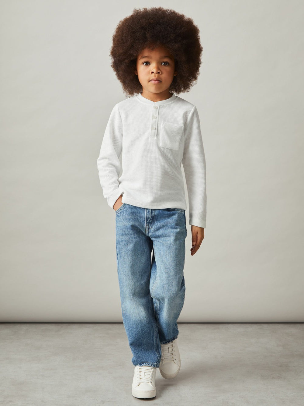 13-14 yrs Cotton-Blend Waffle Henley T-Shirt White | Children & Baby
