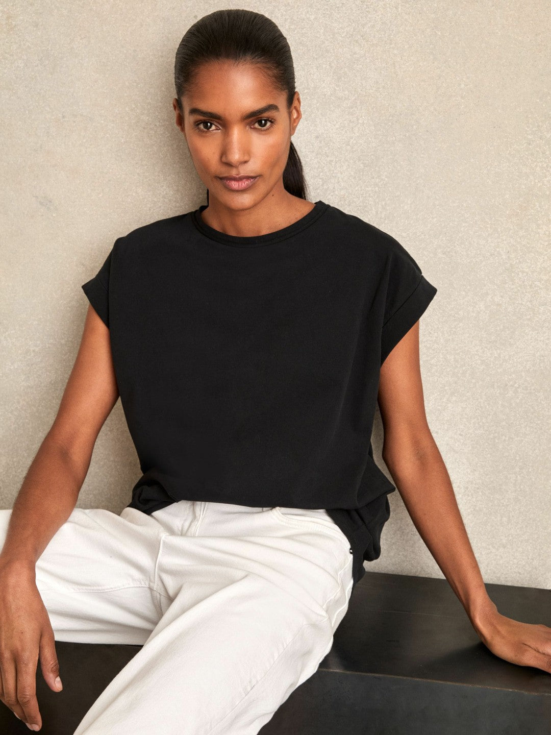 Brushed-Cotton Crew-Neck T-Shirt Black | Women