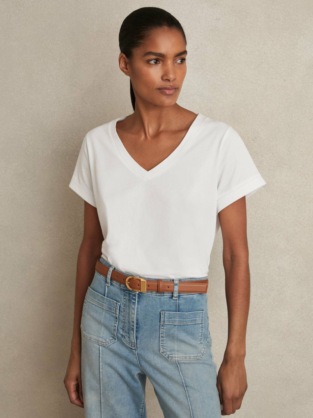 Brushed-Cotton V-Neck T-Shirt White | Women