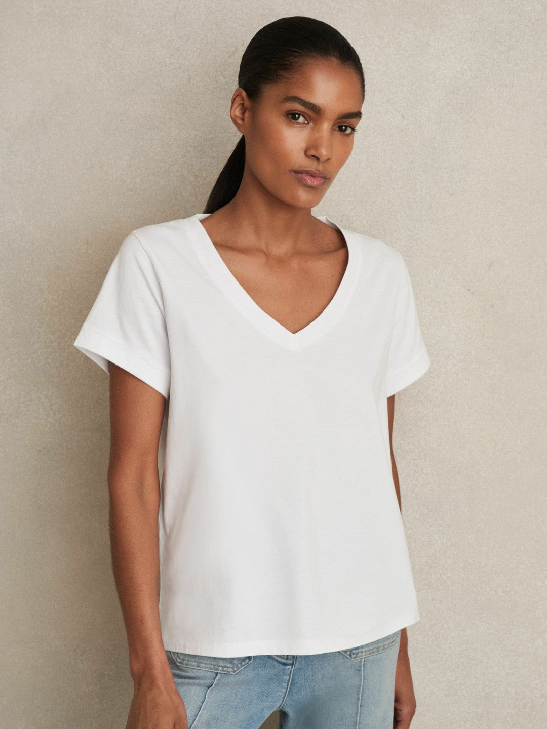 Brushed-Cotton V-Neck T-Shirt White | Women