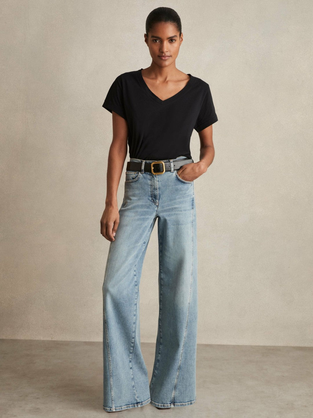 Brushed-Cotton V-Neck T-Shirt Black | Women