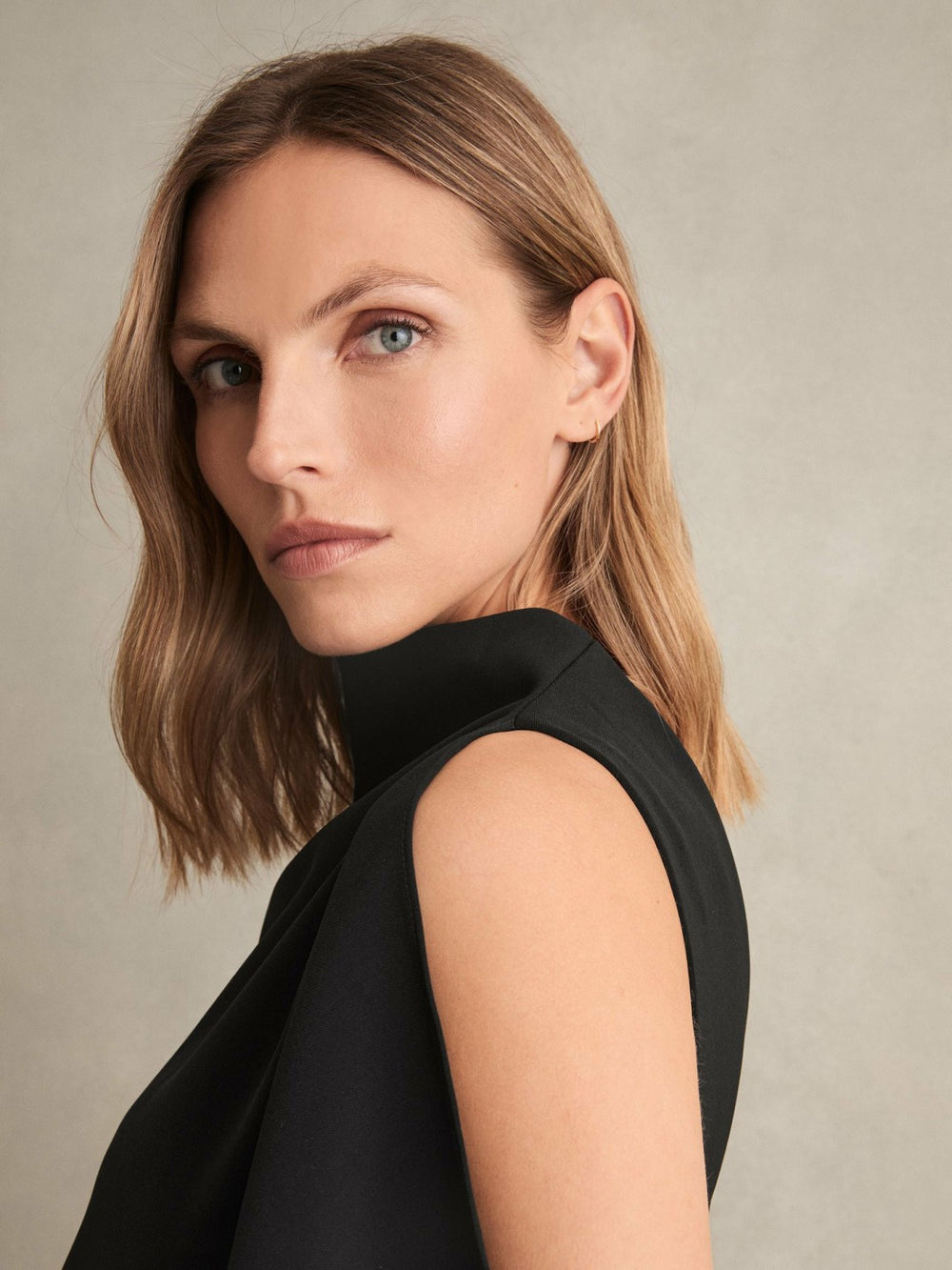 Draped-Front High-Neck Midi Dress Black | Women
