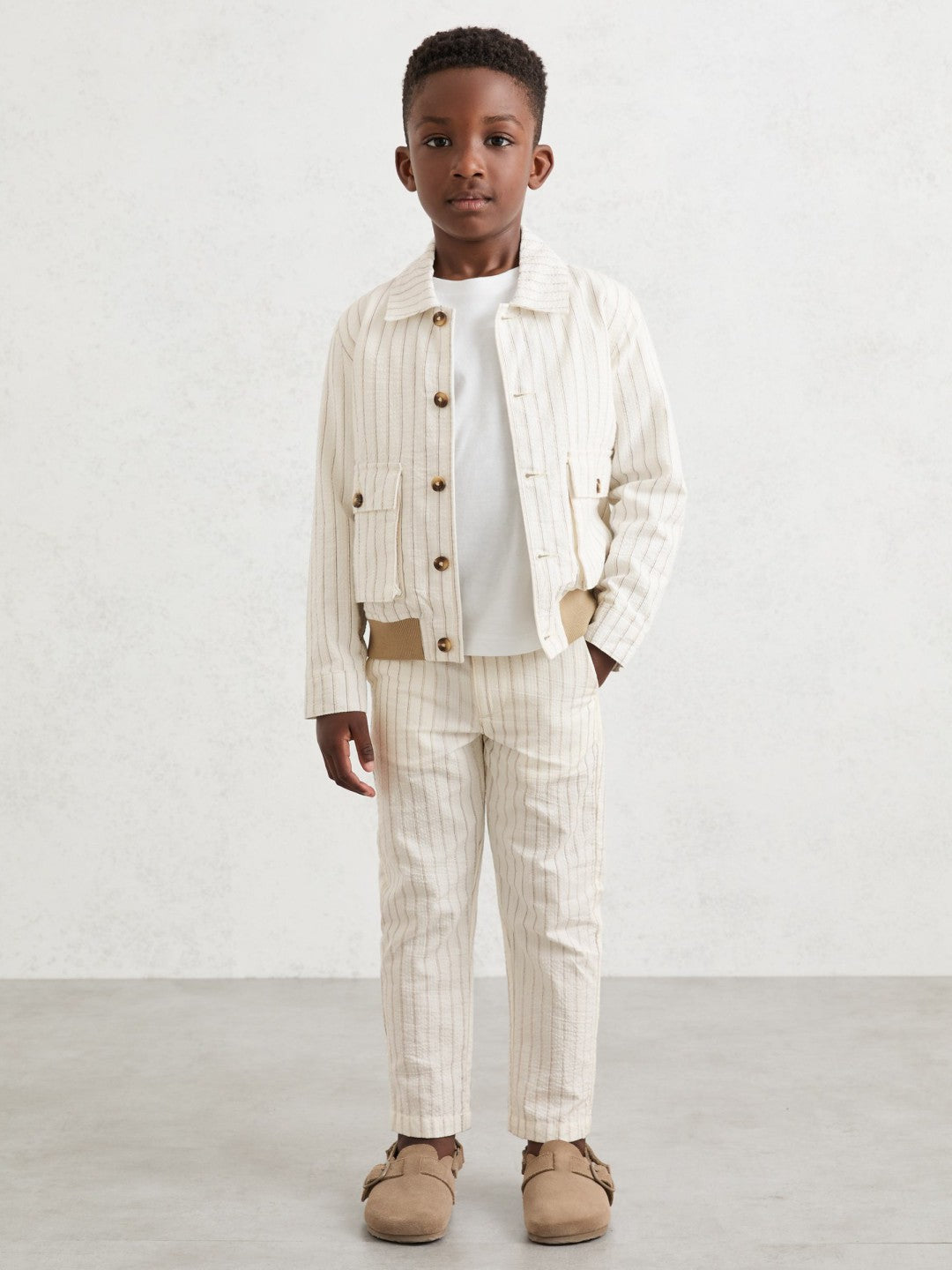 3-9 yrs Cotton Pinstripe Harrington Jacket Off White/Taupe Brown | Children & Baby