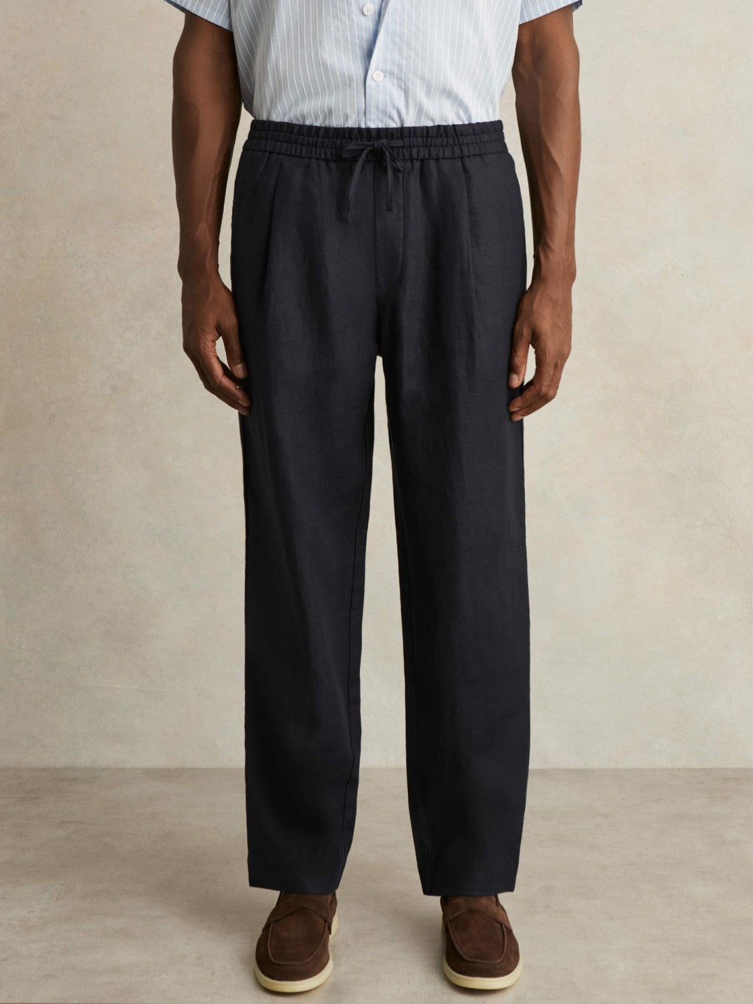 Linen Drawstring Relaxed-Fit Trousers Navy | Men