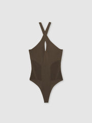Perforated-Knit Cross-Strap Bodysuit Mink | Women