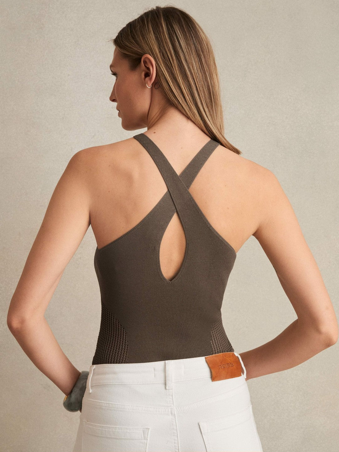 Perforated-Knit Cross-Strap Bodysuit Mink | Women