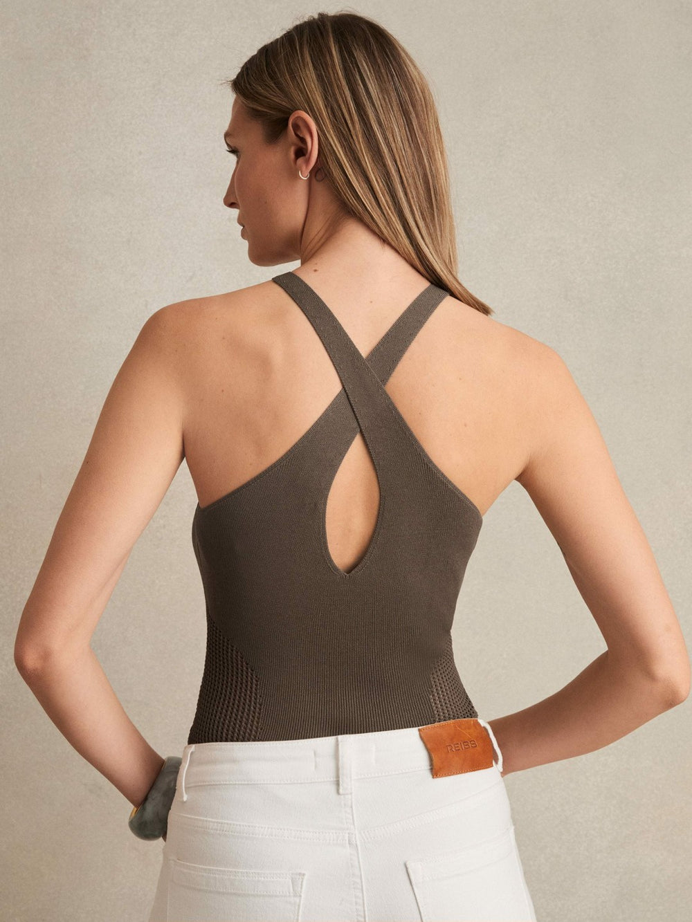 Perforated-Knit Cross-Strap Bodysuit Mink | Women