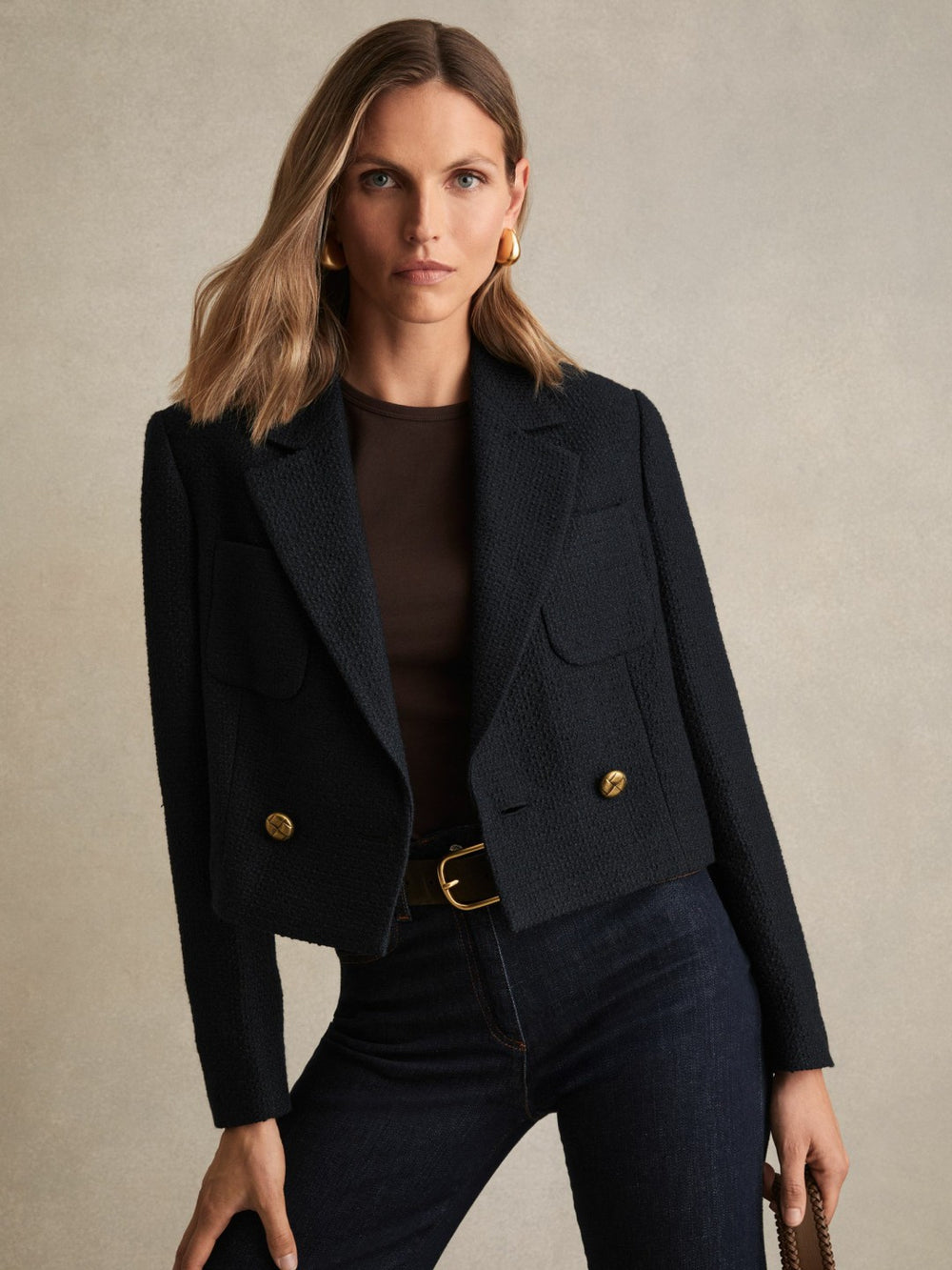 Double-Breasted Textured Cropped Blazer with Wool and Cotton Navy | Women