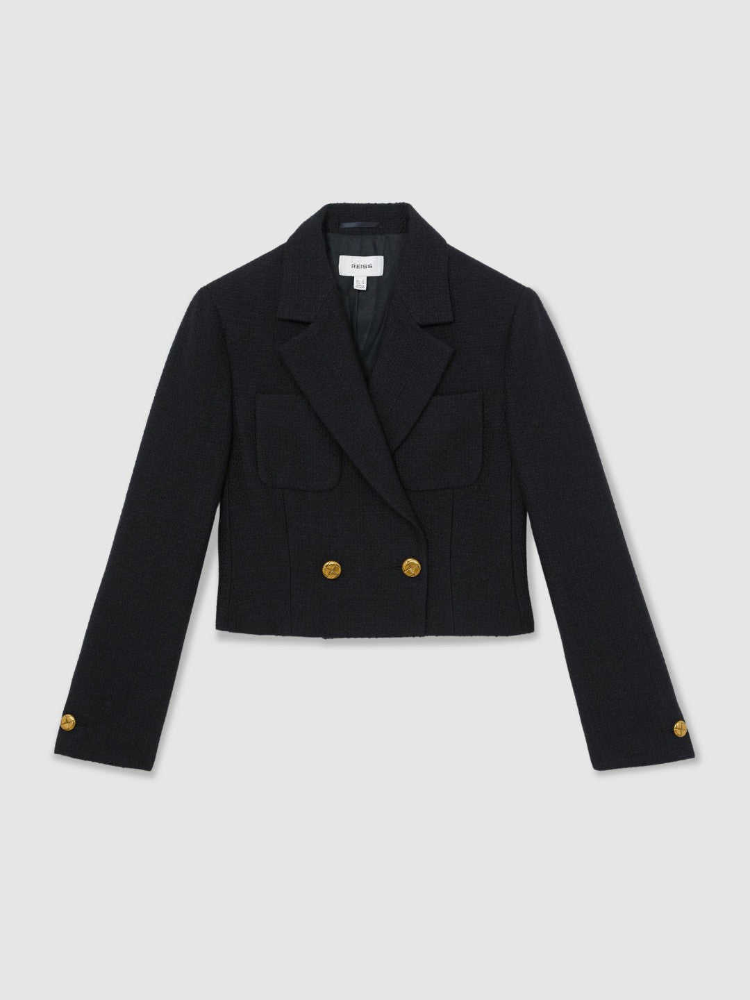 Double-Breasted Textured Cropped Blazer with Wool and Cotton Navy | Women