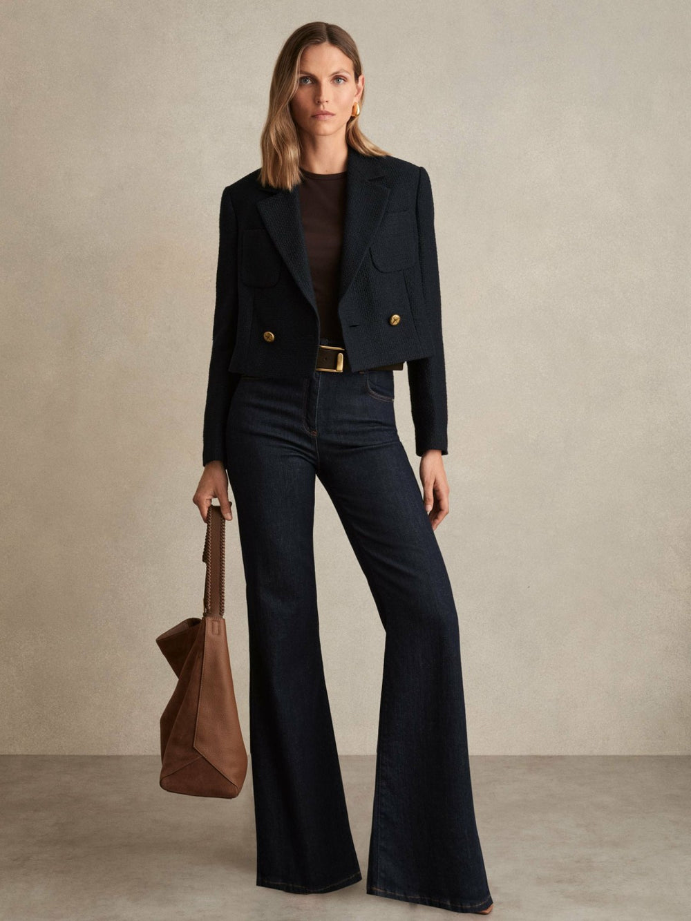 Double-Breasted Textured Cropped Blazer with Wool and Cotton Navy | Women