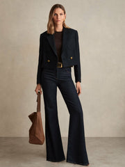 Double-Breasted Textured Cropped Blazer with Wool and Cotton Navy | Women