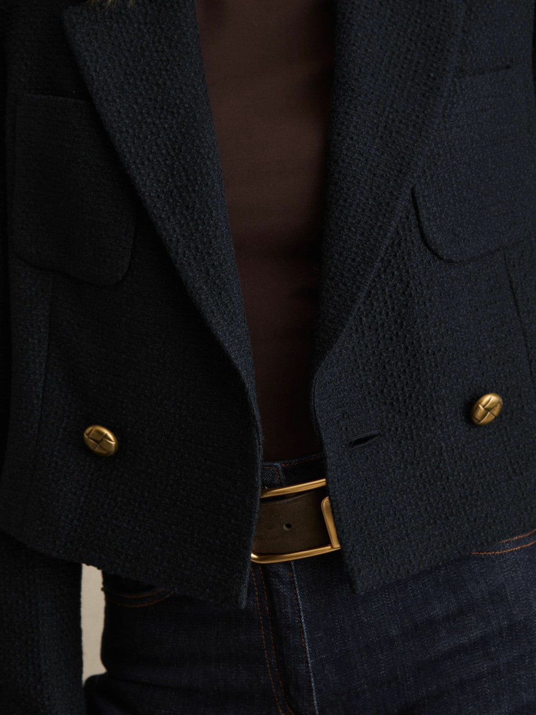 Double-Breasted Textured Cropped Blazer with Wool and Cotton Navy | Women