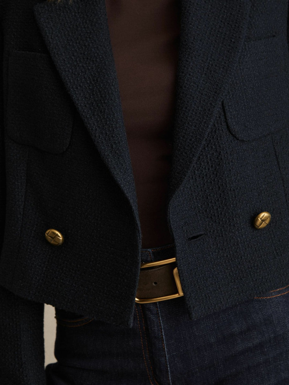 Double-Breasted Textured Cropped Blazer with Wool and Cotton Navy | Women