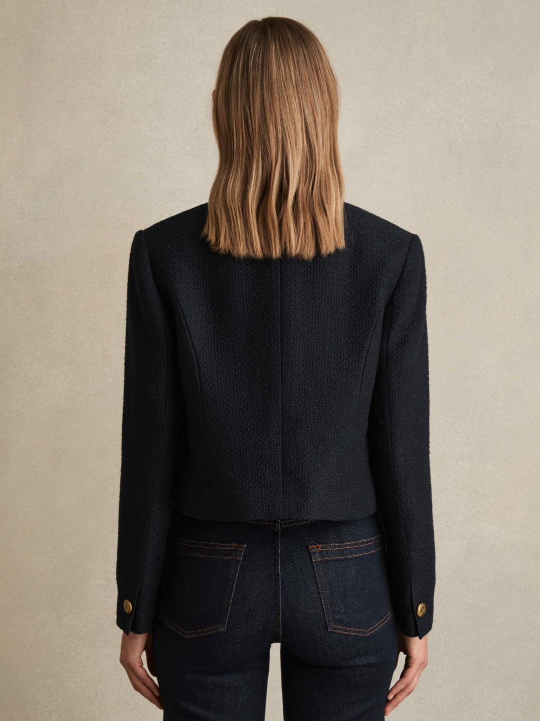 Double-Breasted Textured Cropped Blazer with Wool and Cotton Navy | Women