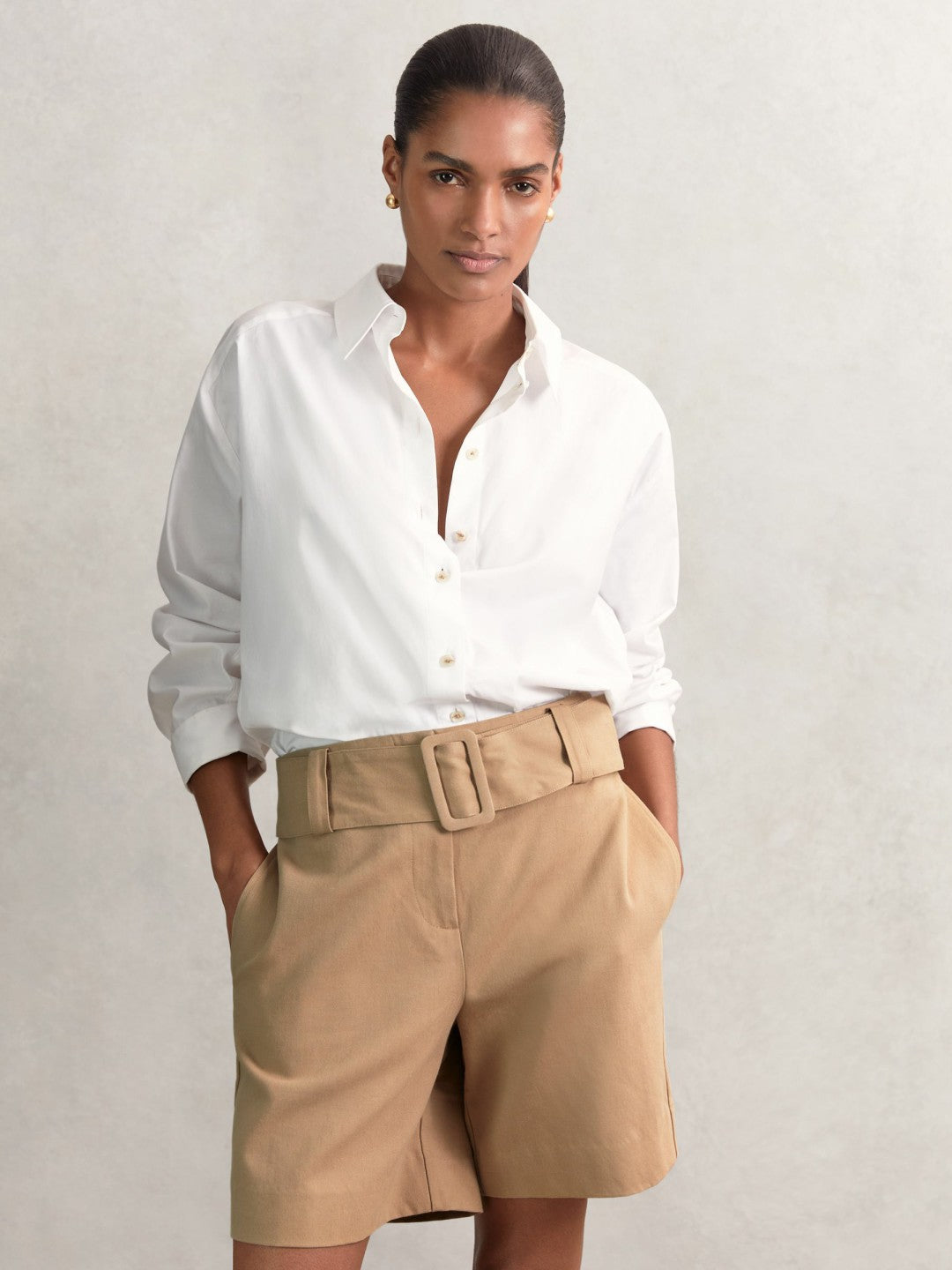 Cotton-Blend Belted Shorts With Linen Camel | Women