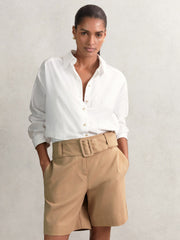 Cotton-Blend Belted Shorts With Linen Camel | Women