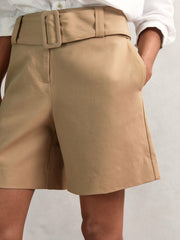 Cotton-Blend Belted Shorts With Linen Camel | Women