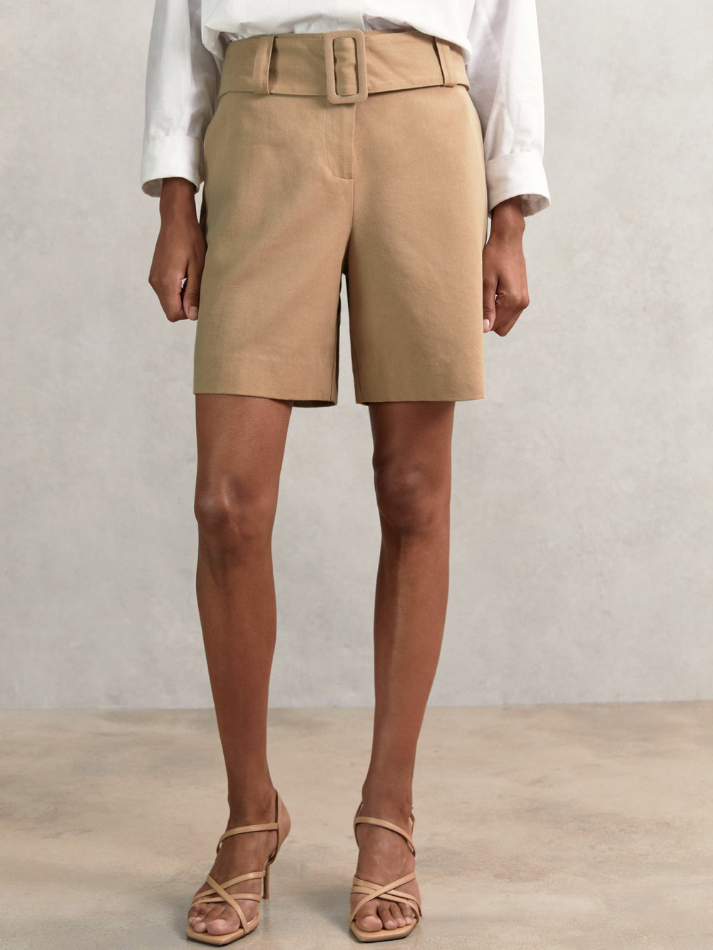 Cotton-Blend Belted Shorts With Linen Camel | Women