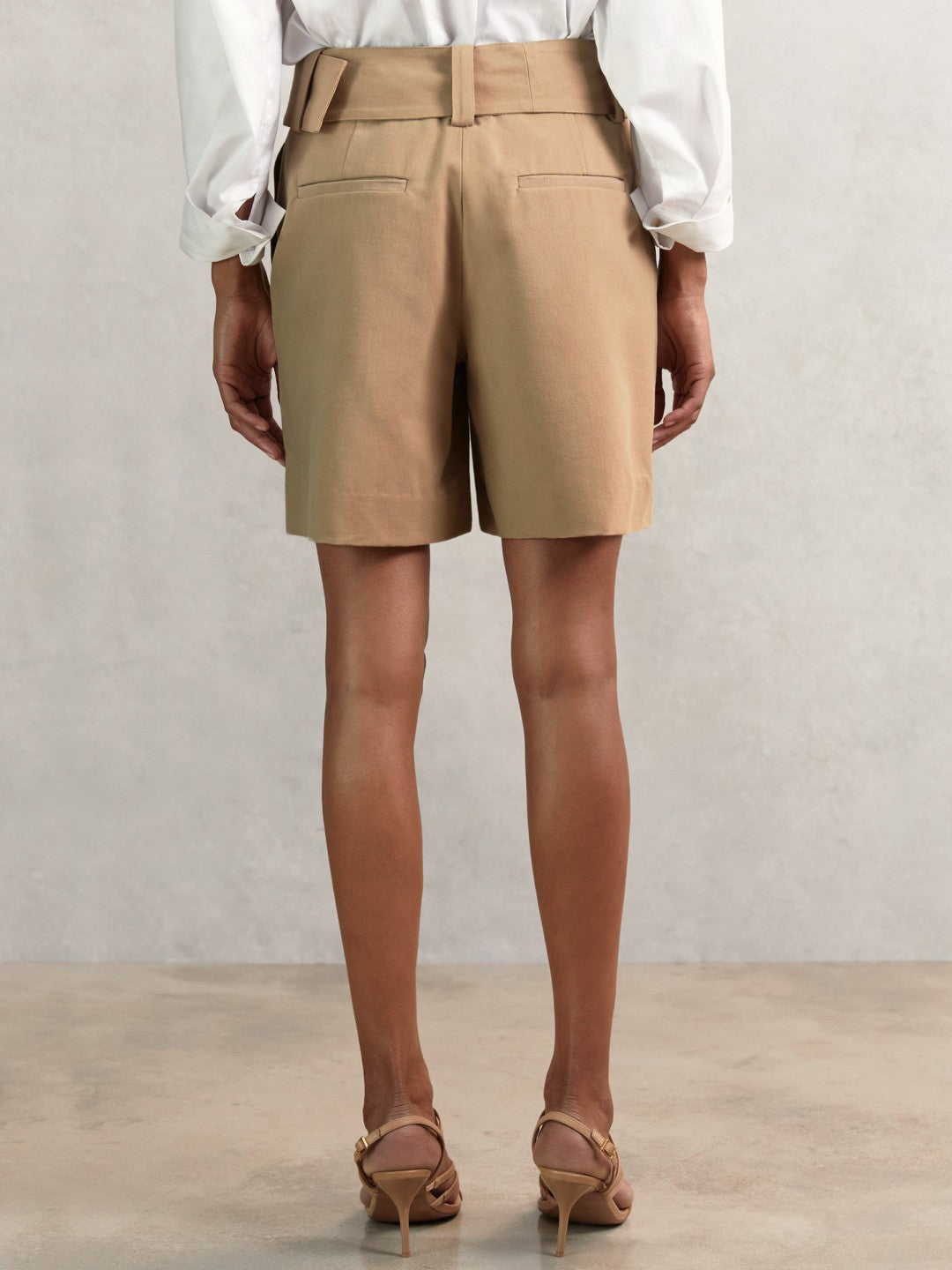 Cotton-Blend Belted Shorts With Linen Camel | Women