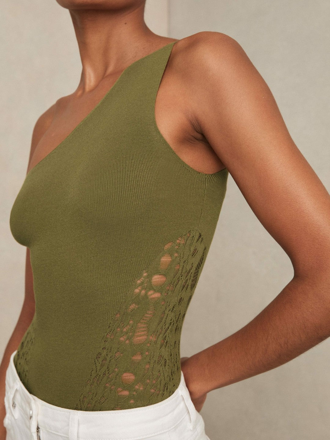 Lace-Knit Detail One-Shoulder Bodysuit Green | Women