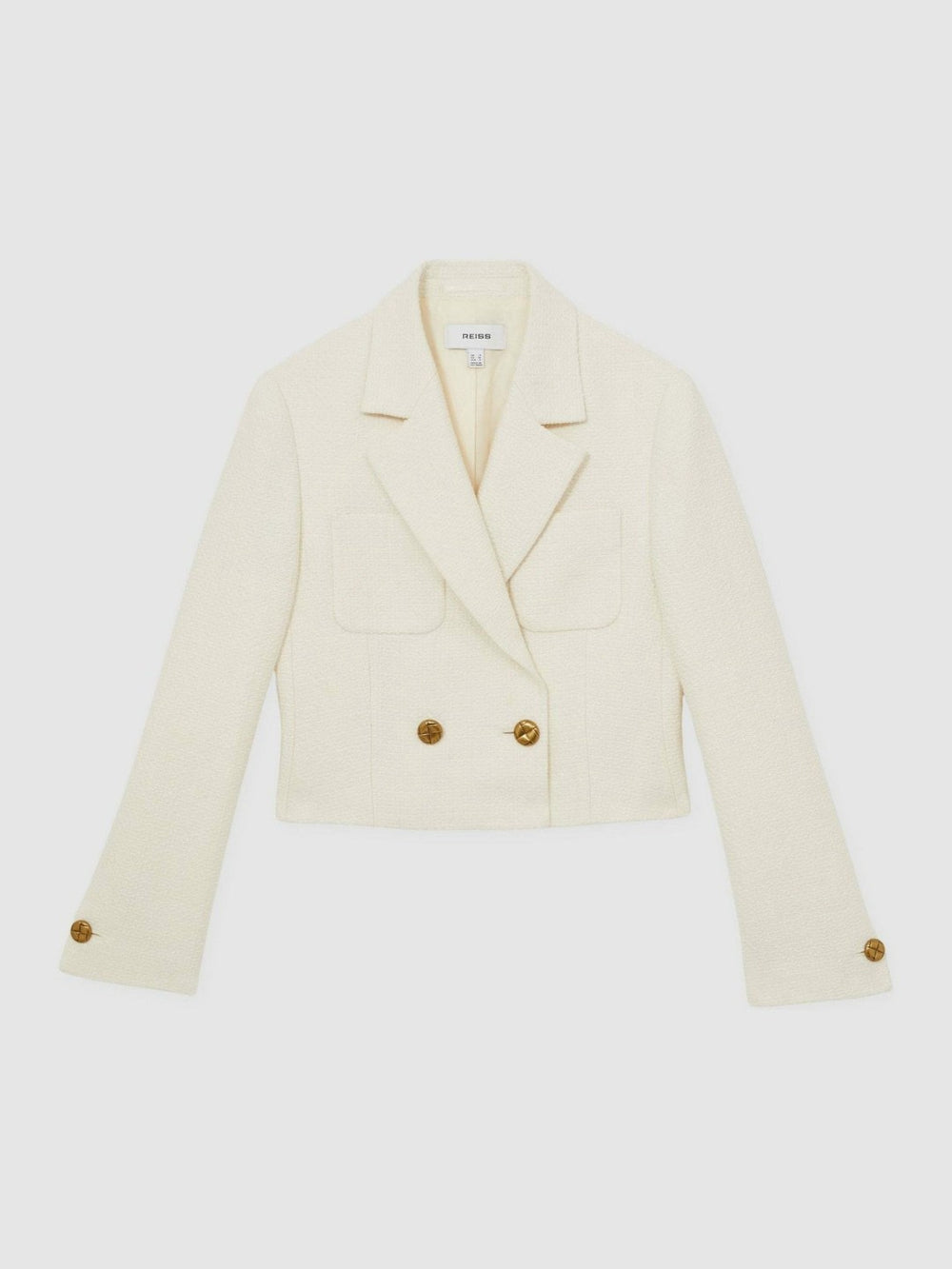 Double-Breasted Textured Cropped Blazer with Wool and Cotton White | Women